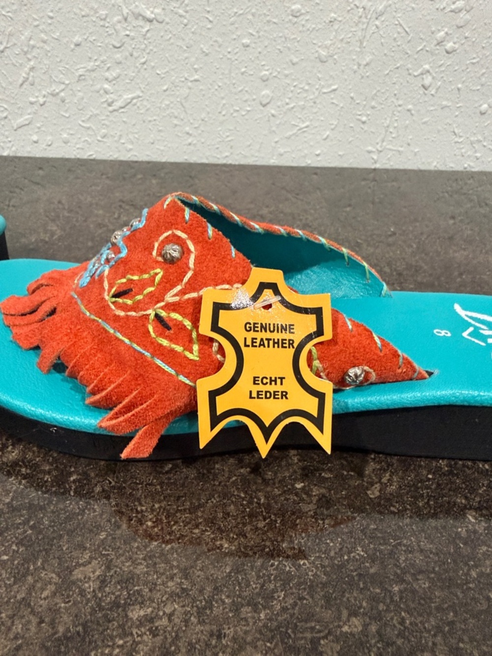 Turquoise Footbed Sandal with Orange Fringe Embroidery and Concho Studs Size 8 - Picture 6 of 9